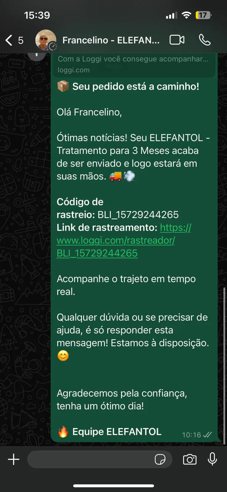 Depoimento de cliente do Elefantol no WhatsApp 10