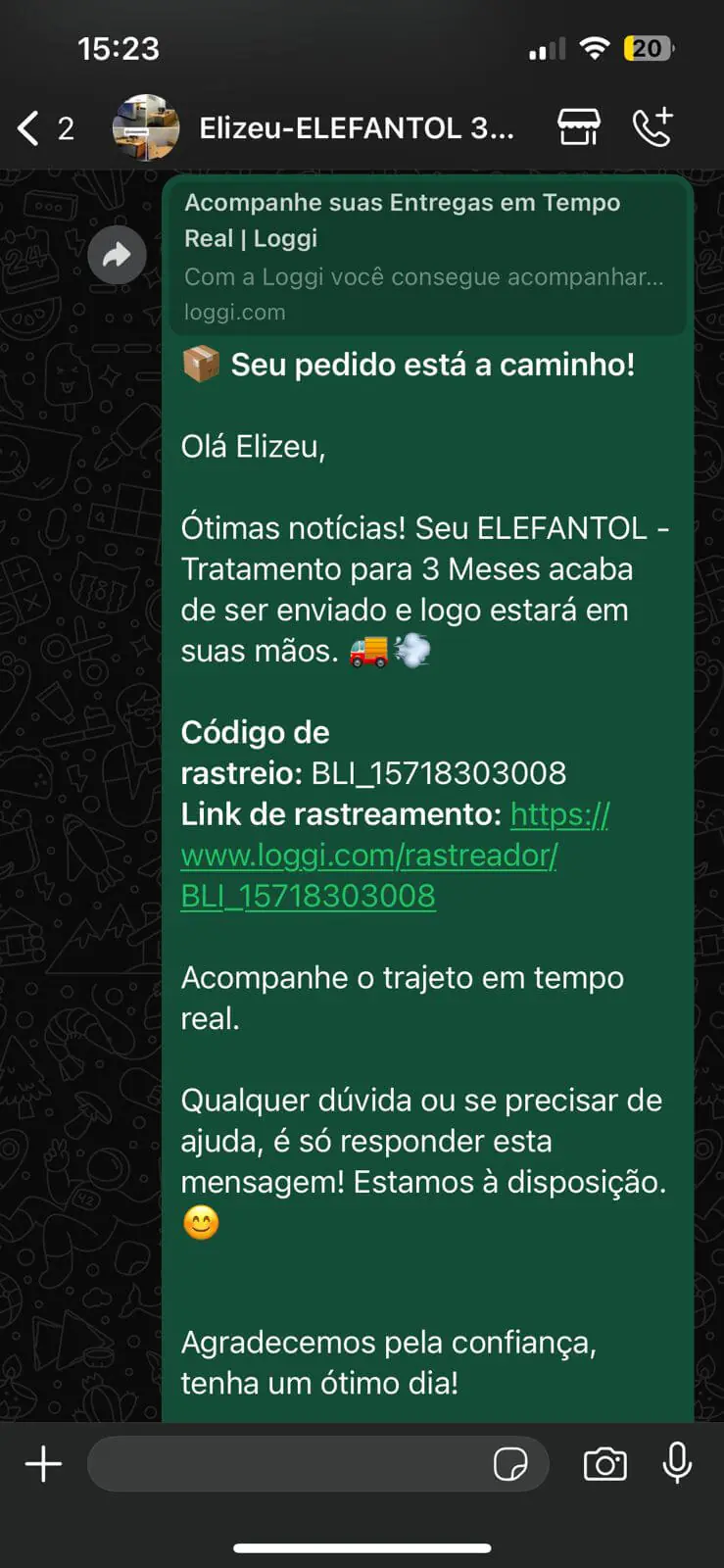 Depoimento de cliente do Elefantol no WhatsApp 1