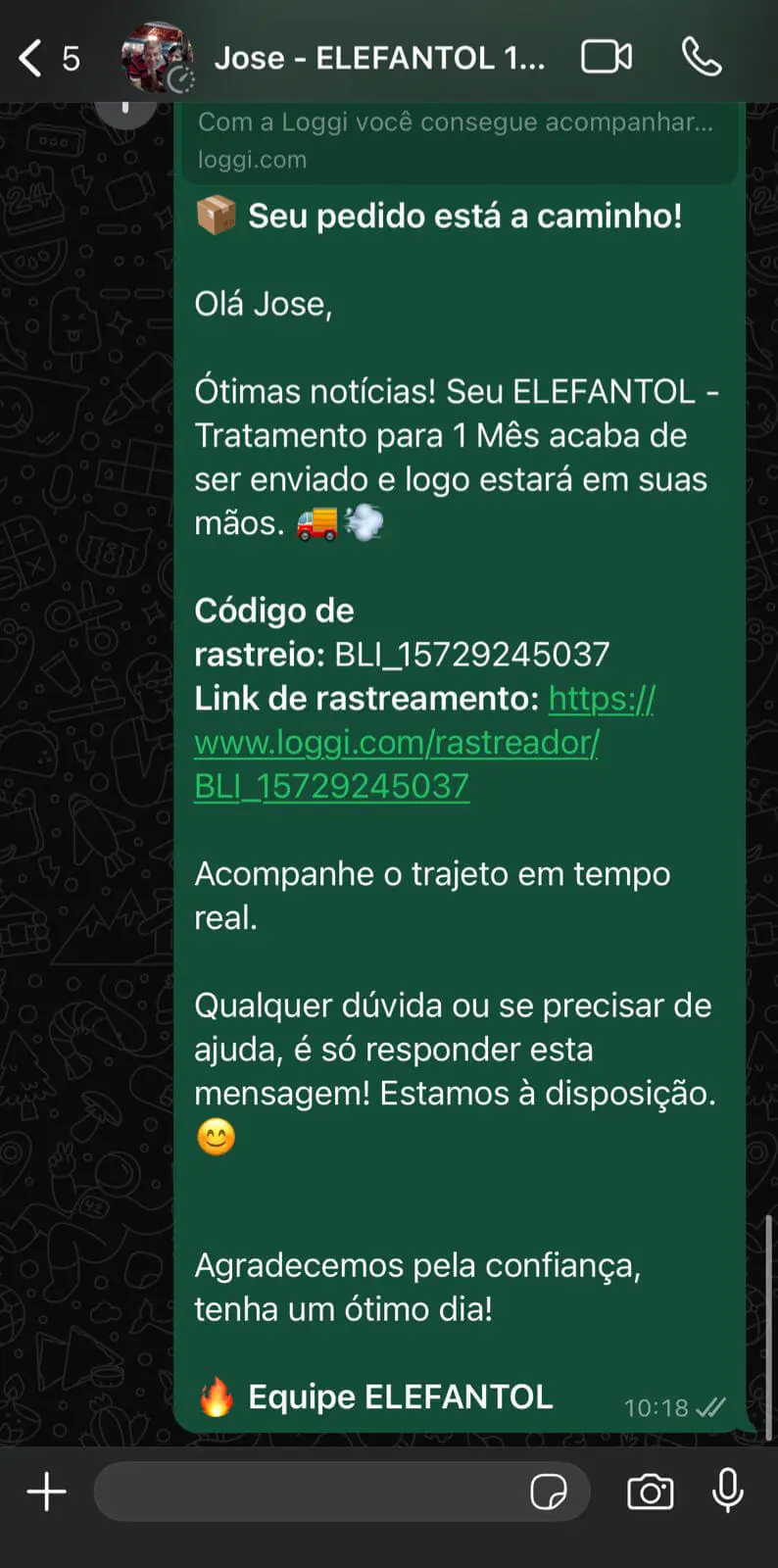 Depoimento de cliente do Elefantol no WhatsApp 6