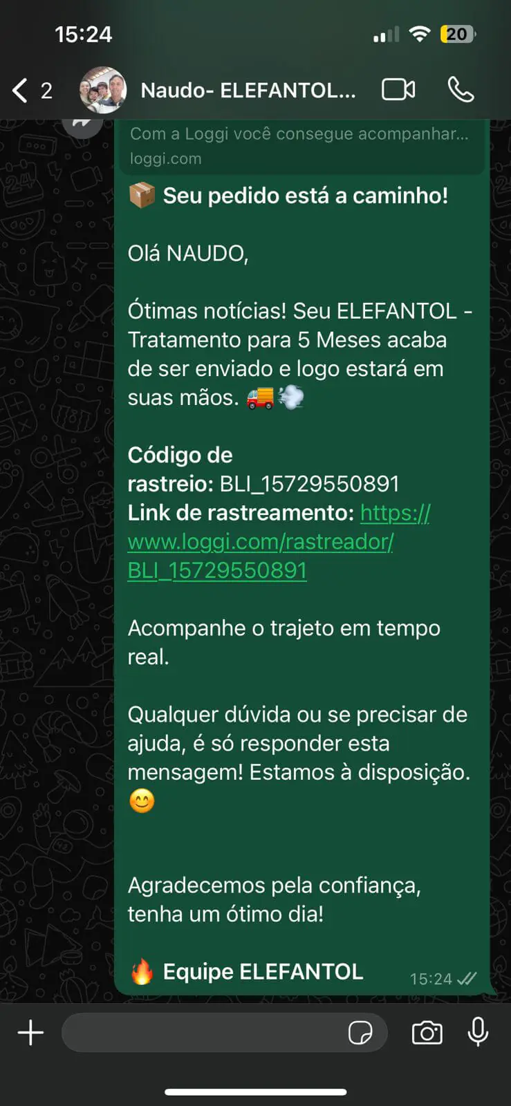Depoimento de cliente do Elefantol no WhatsApp 2