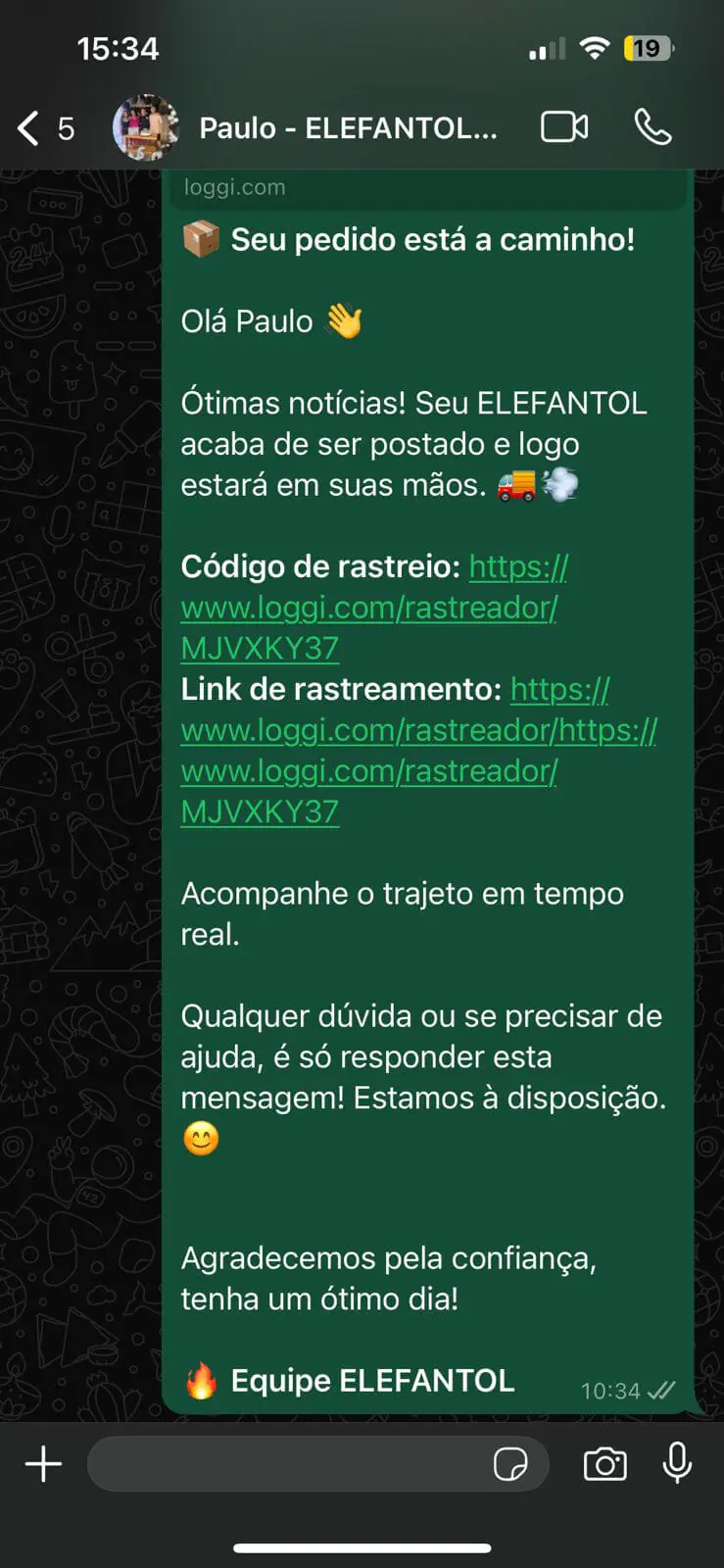 Depoimento de cliente do Elefantol no WhatsApp 7