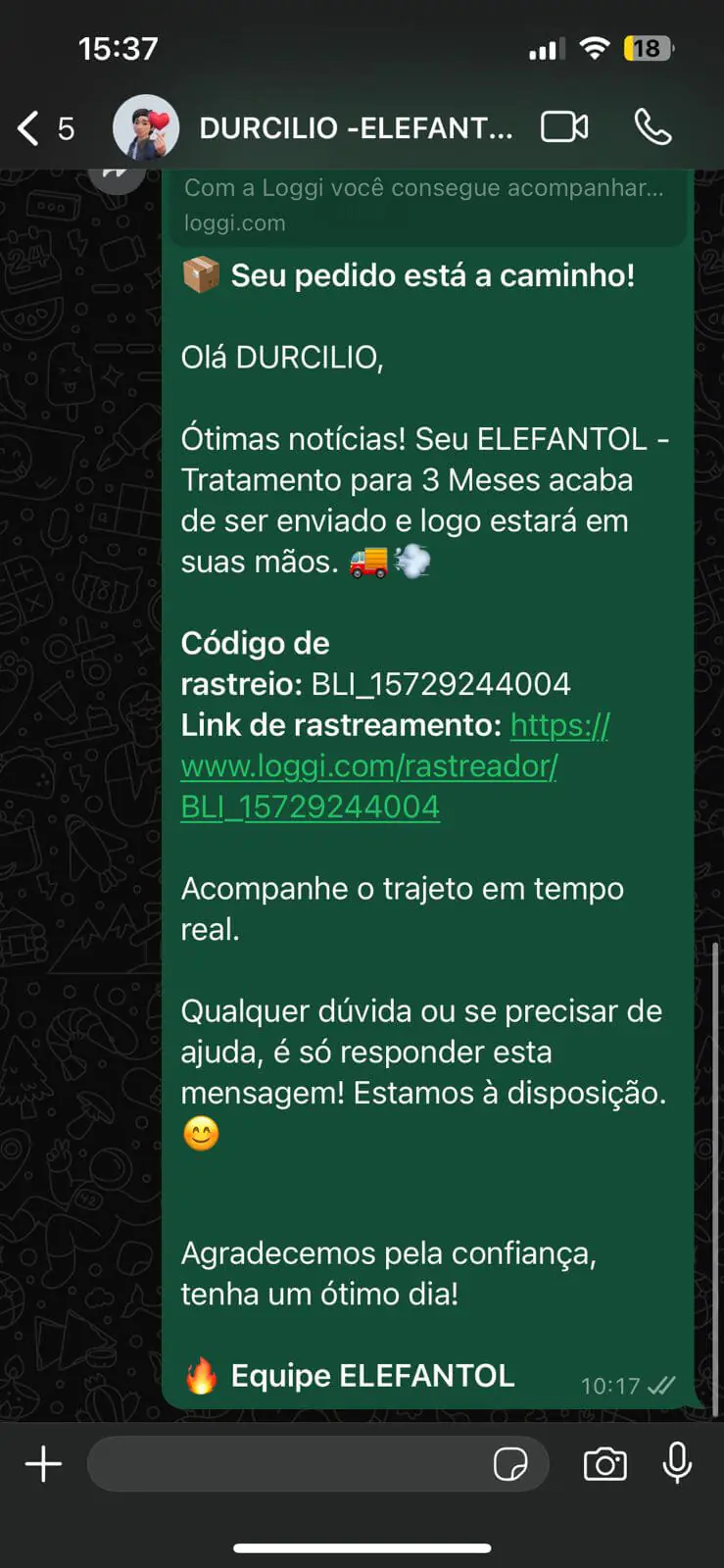 Depoimento de cliente do Elefantol no WhatsApp 9