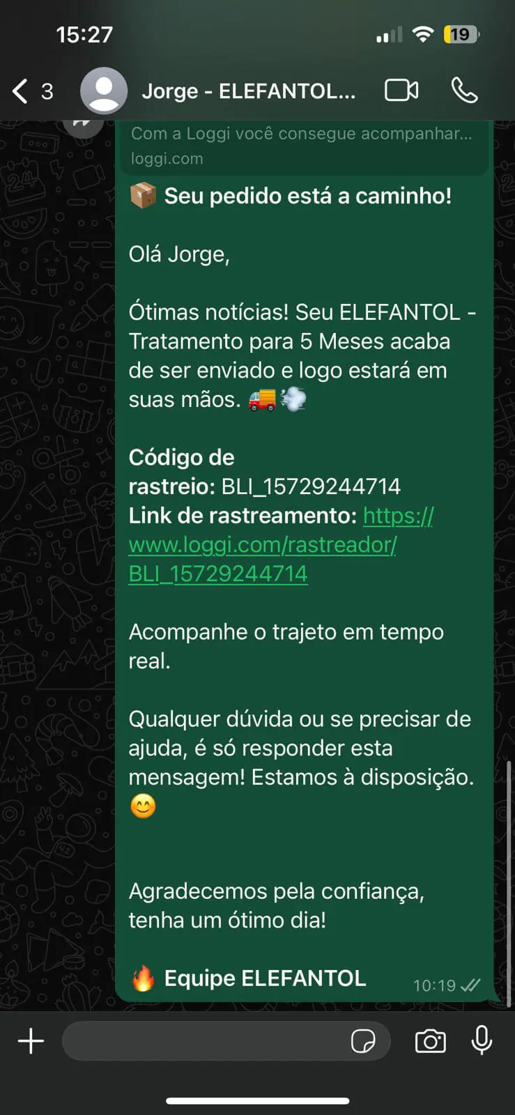 Depoimento de cliente do Elefantol no WhatsApp 5