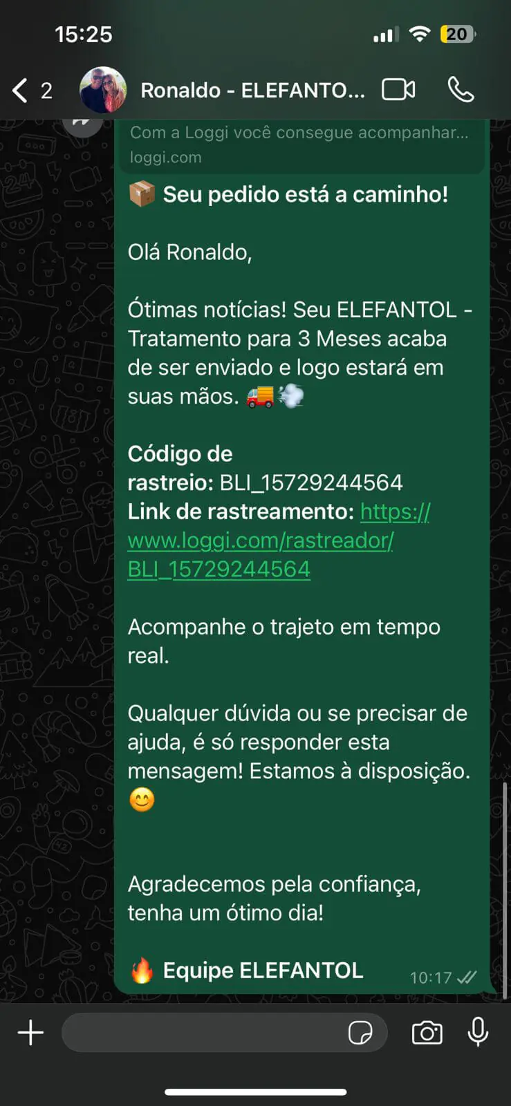 Depoimento de cliente do Elefantol no WhatsApp 3